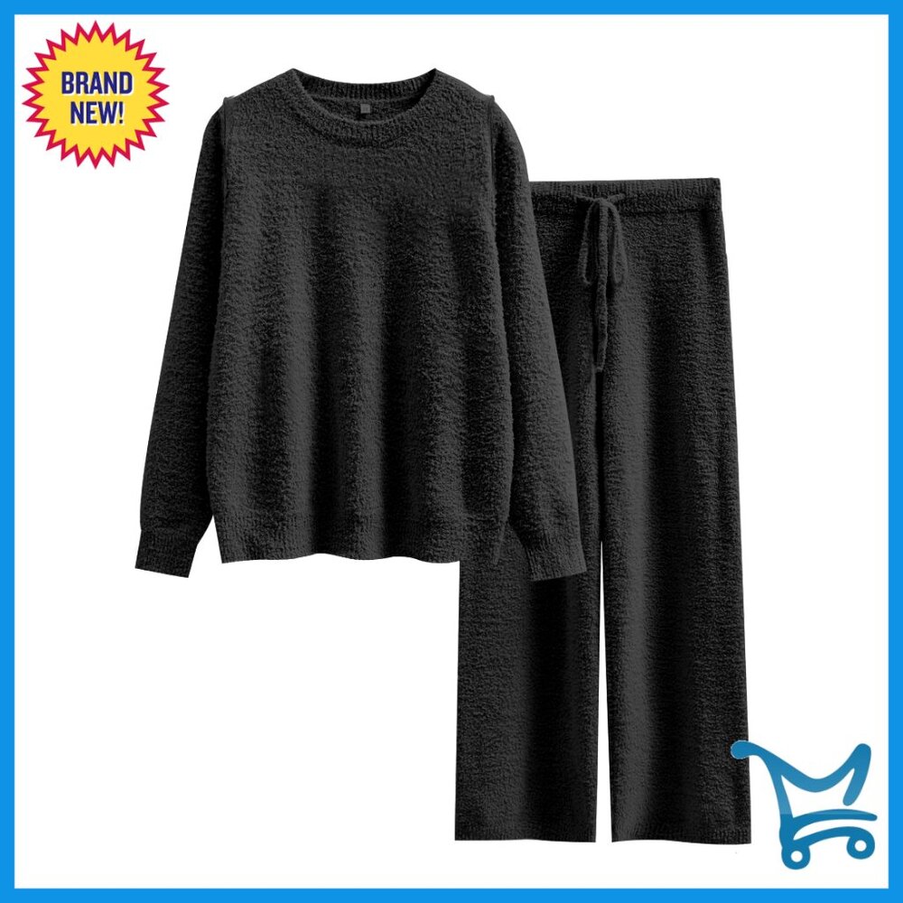 Fuzzy Fleece Pajama Set Long Sleeve Top Wide Leg Pants Lounge Matching Outfit